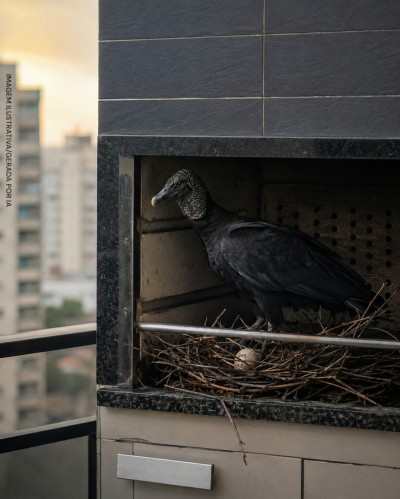 Urubu faz ninho em churrasqueira de apartamento e surpreende moradora no Paraná